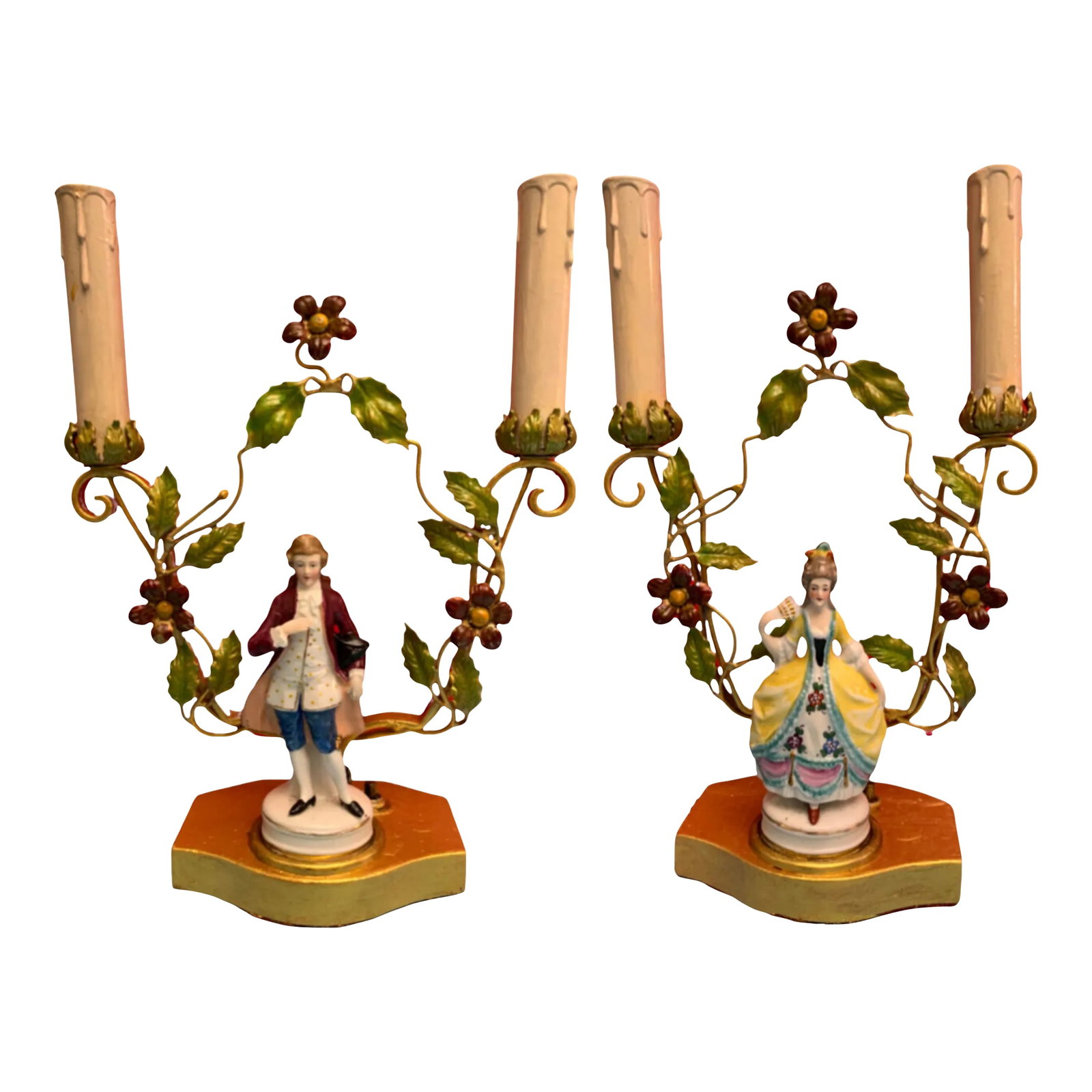 Antique Tole Candelabra Table Lamp: Courting Lady & Gentleman: This exquisite antique tole table lamp features a beautifully crafted figurative design, showcasing a porcelain young lady and her suitor, both elegantly attired in 18th-century clothing. The gentlema