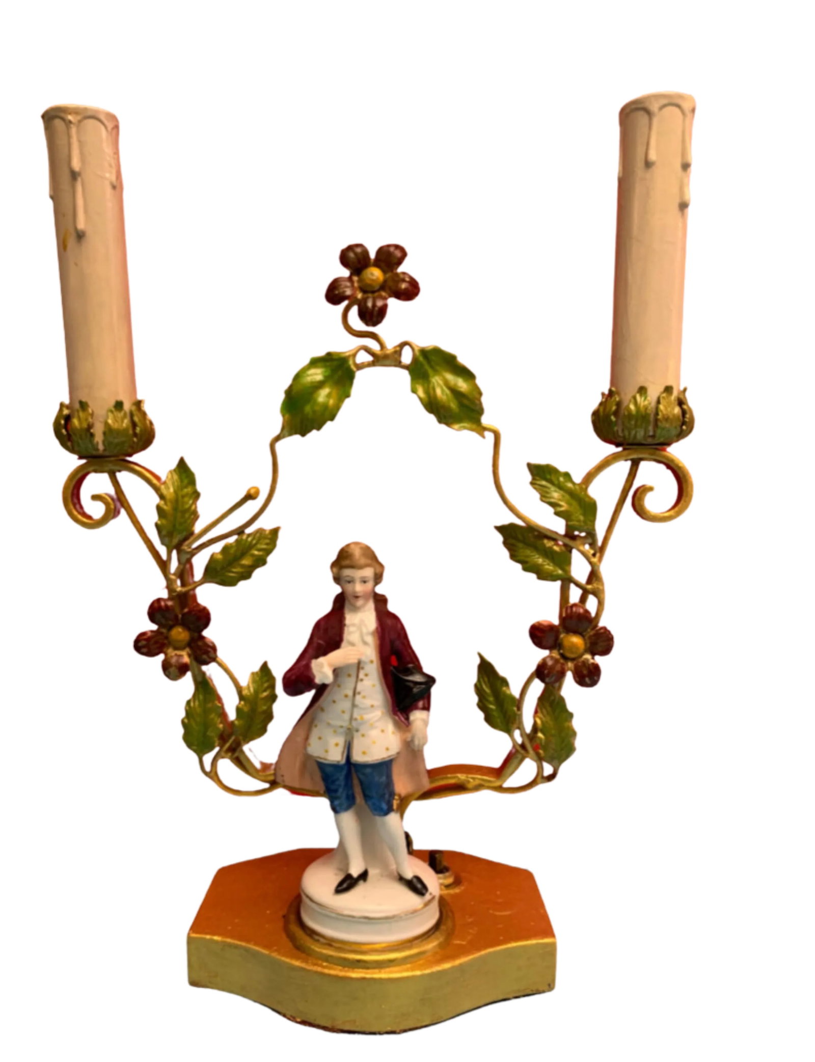 Antique Tole Candelabra Table Lamp: Courting Lady & Gentleman - 3