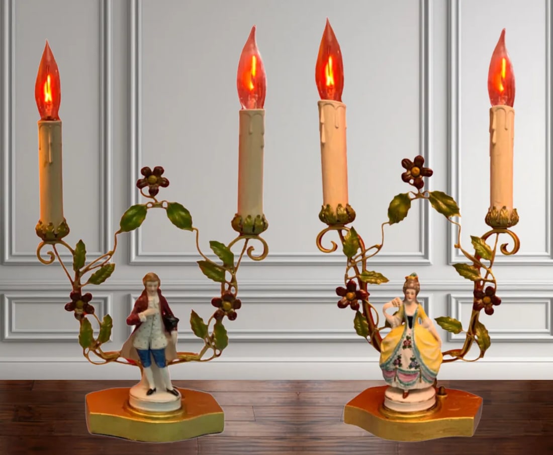 Antique Tole Candelabra Table Lamp: Courting Lady & Gentleman - 4