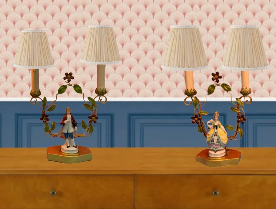 Antique Tole Candelabra Table Lamp: Courting Lady & Gentleman - 7