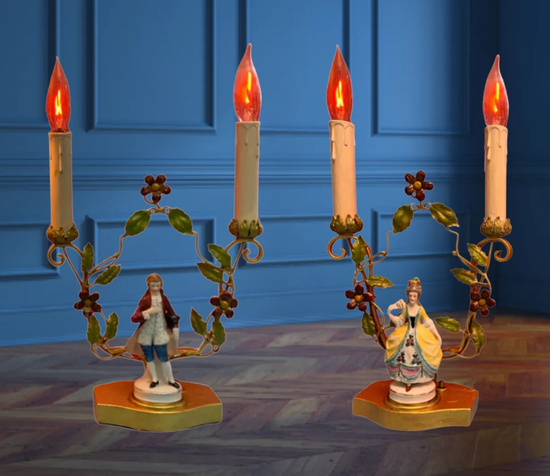 Antique Tole Candelabra Table Lamp: Courting Lady & Gentleman - 9