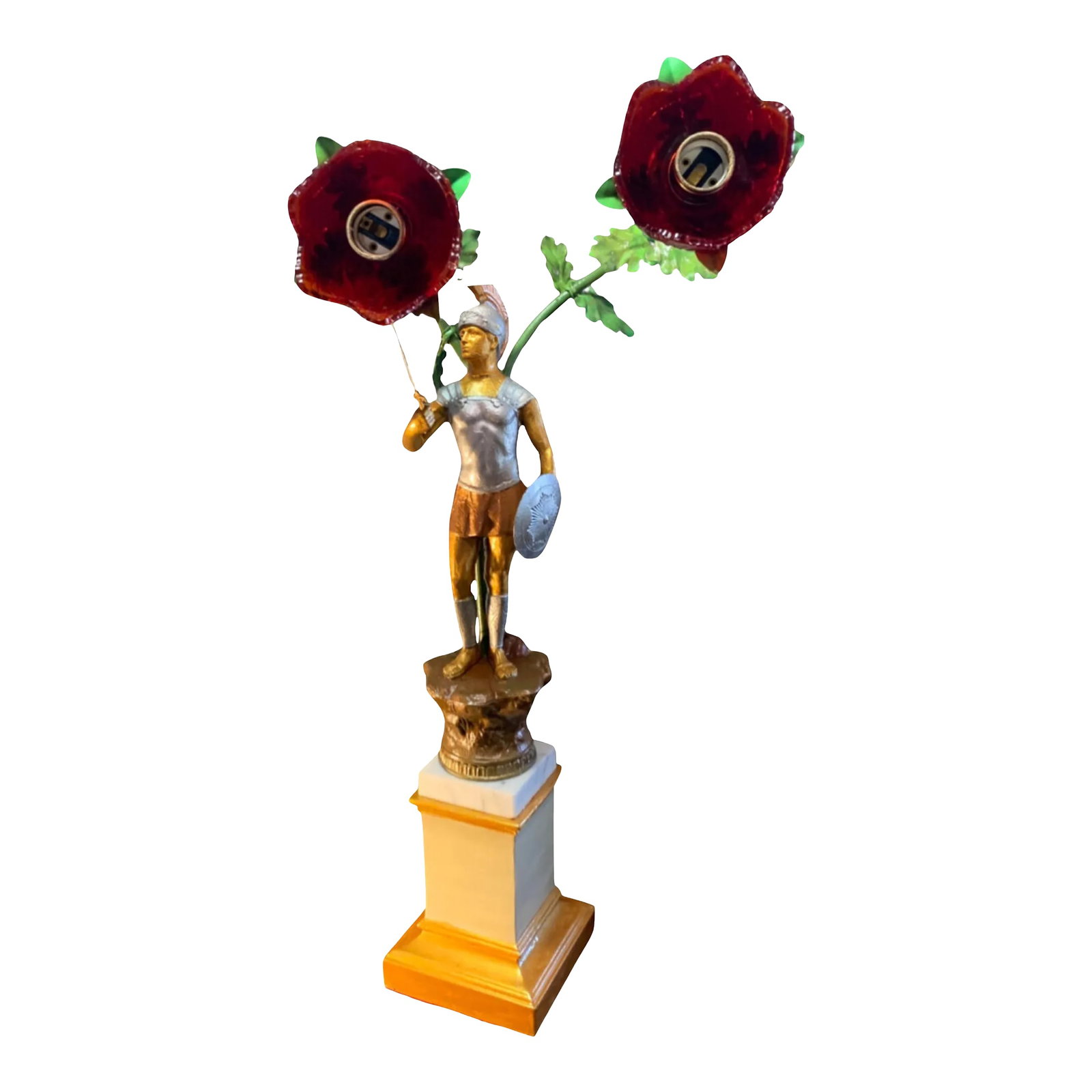 Antique Metal Sculpture Table Lamp: Roman Soldier: This exquisite, one-of-a-kind table lamp is a stunning fusion of antique and vintage lamp components, masterfully crafted from a diverse array of materials, including tole, spelter, marble, and brass.