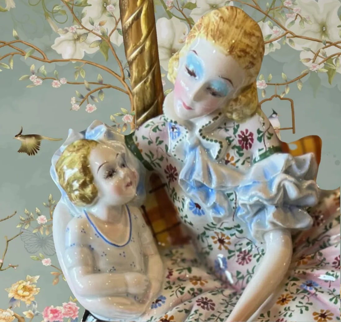 Vintage Porcelain Figurine Table Lamp: Mother and Child - 2