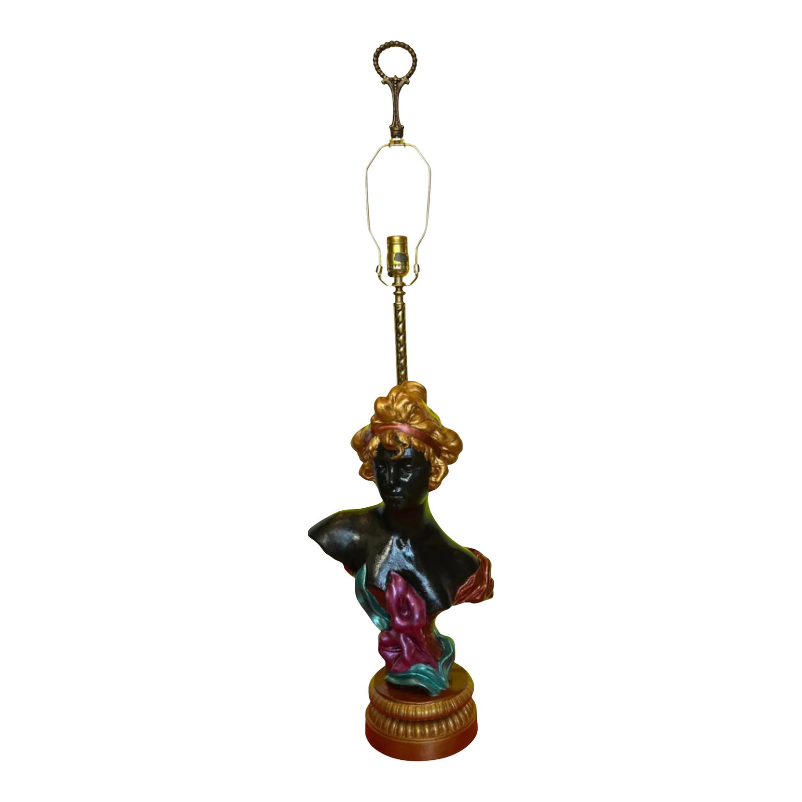 MId Century Lady Callalily Bust Sculpture Table Lamp: This exquisite table lamp features a mid-century Art Nouveau chalkware sculpture bust of a young lady adorned with calla lily flowers. Hand-painted in a rich oil-rubbed bronze, the surface beautifully
