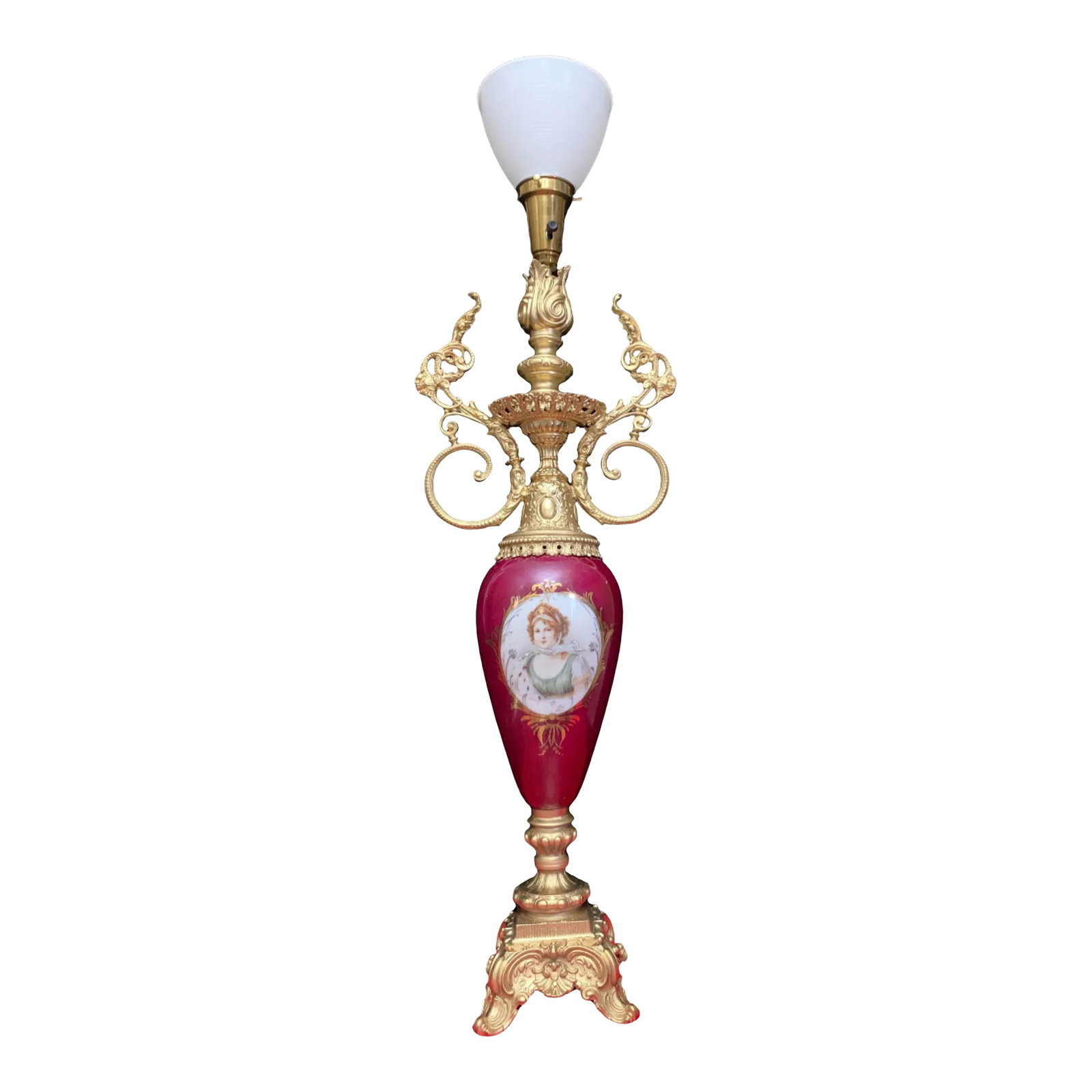 Antique Torchiere Urn Table Lamp - Portrait Queen Louise of Prussia: This stunning tall Royal Vienna-style torchiere table lamp has a delicate urn-shaped silhouette.The body of the lamp was crafted from fine porcelain, with a rich, lustrous reddish-pink base color that