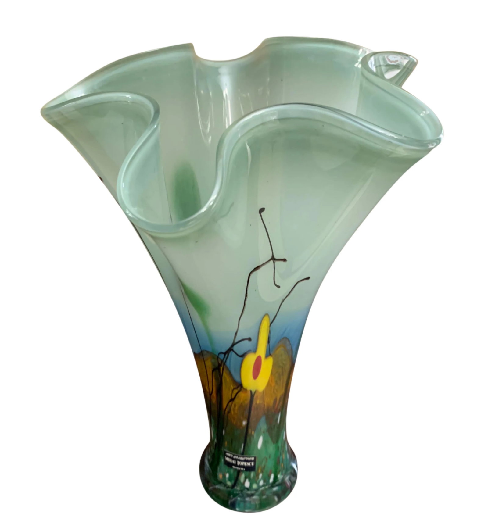 Vintage Mihai Topescu Art Glass Floral Landscape Vase - 10