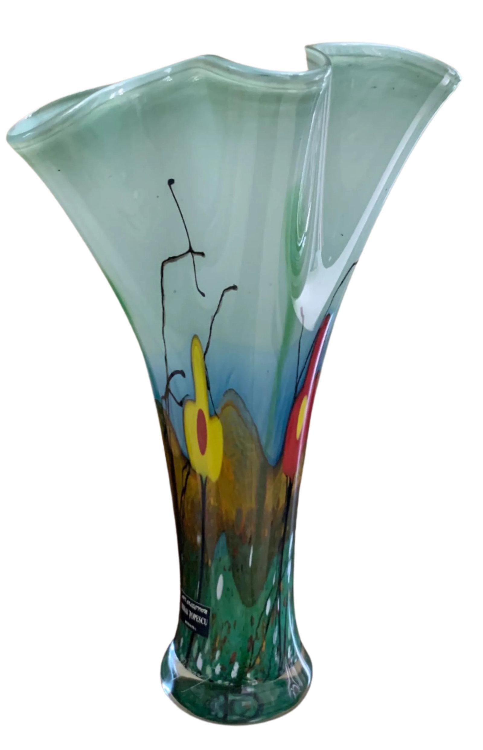 Vintage Mihai Topescu Art Glass Floral Landscape Vase - 12