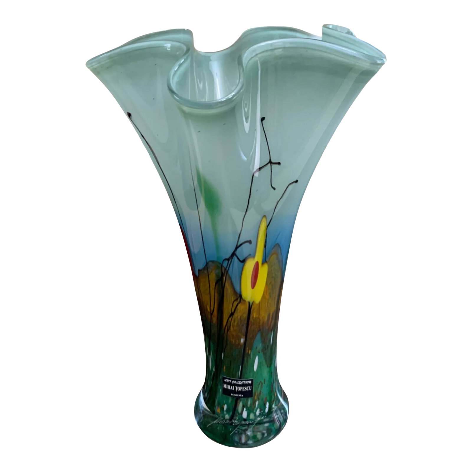 Vintage Mihai Topescu Art Glass Floral Landscape Vase: This stunning 16-inch-tall vase is a masterwork of hand-blown glass art signed by the renowned Romanian artisan, Mihai Topescu, a prestigious global award winner. The piece showcases Topescu's