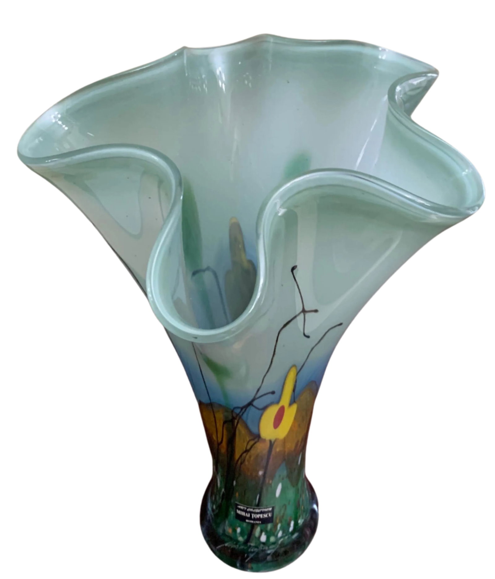 Vintage Mihai Topescu Art Glass Floral Landscape Vase - 2