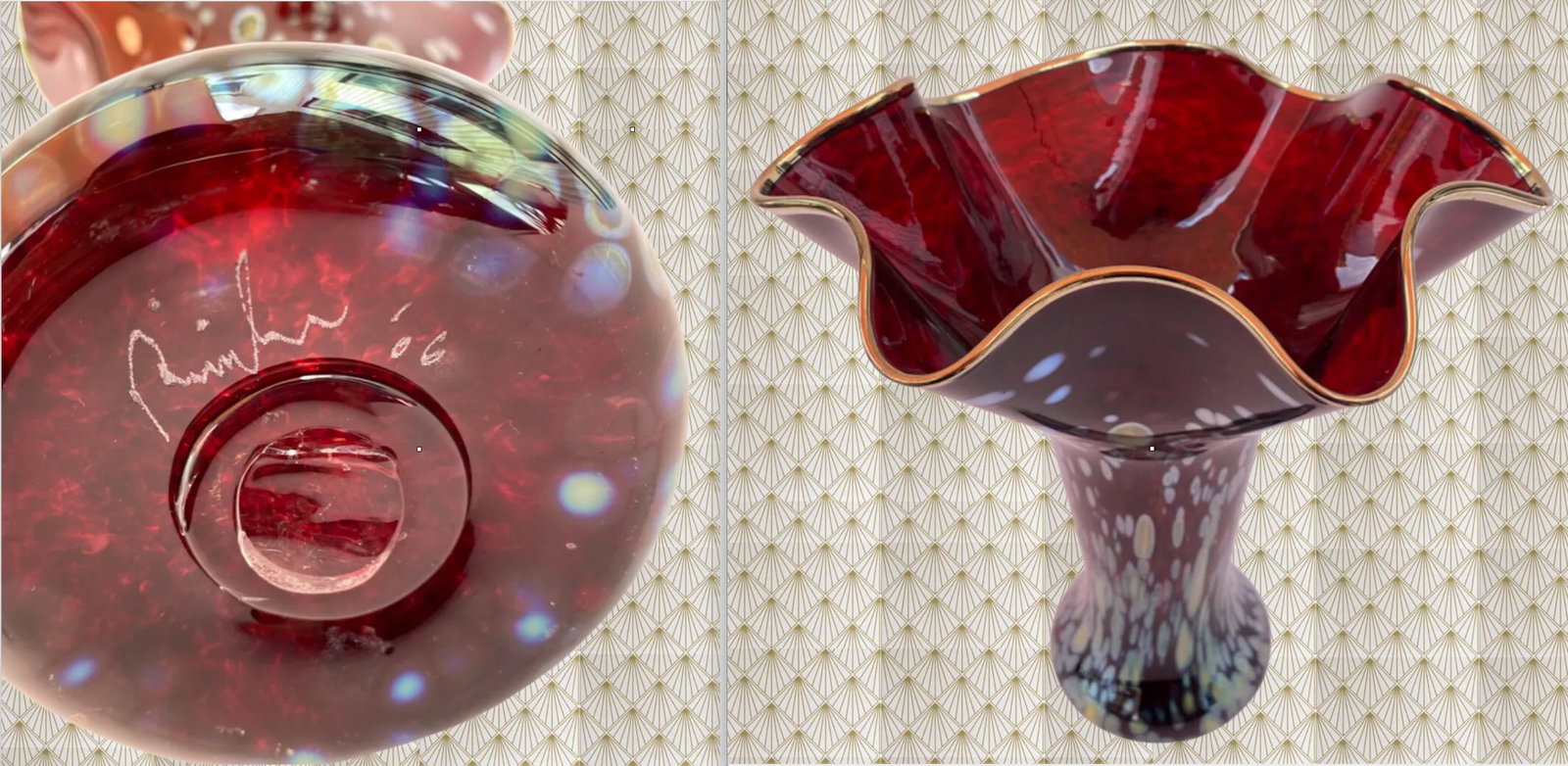Art Glass Red Trumpet Vase Iridescent Oil Drop Pattern - 12