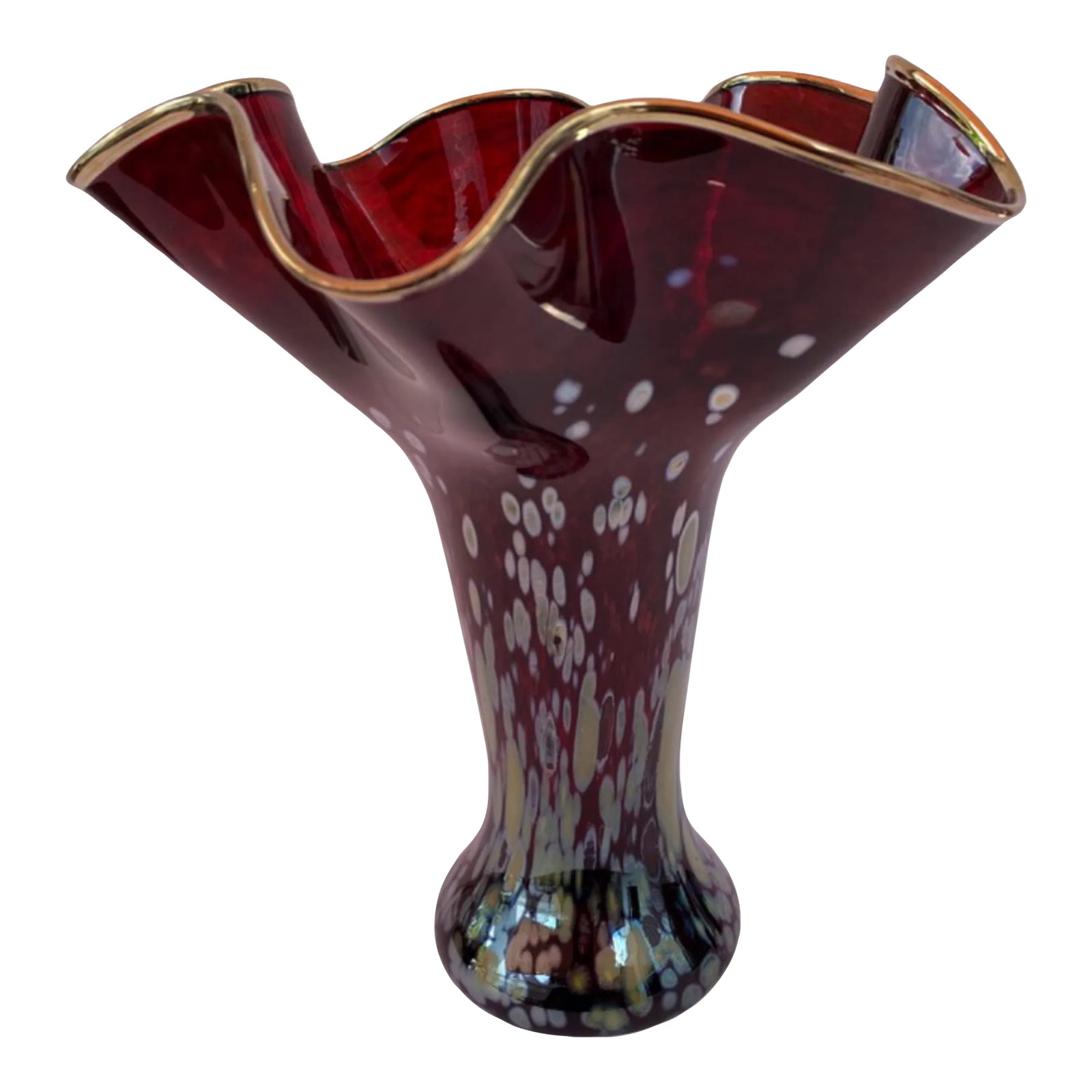 Art Glass Red Trumpet Vase Iridescent Oil Drop Pattern: This Art Glass Vase, handcrafted and signed by a skilled artisan in 2006, is a striking piece of artistry. Measuring 11 inches in height and 9 inches in width, the vase features a graceful trumpet