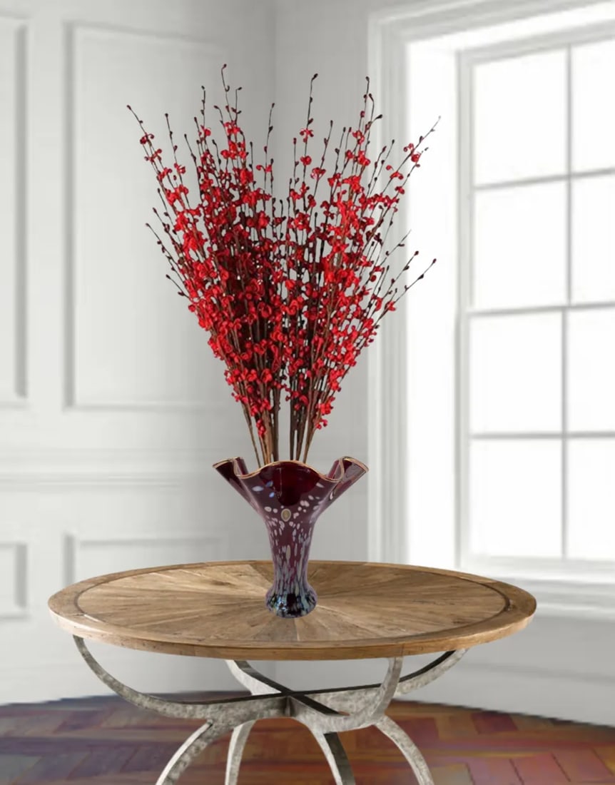Art Glass Red Trumpet Vase Iridescent Oil Drop Pattern - 2