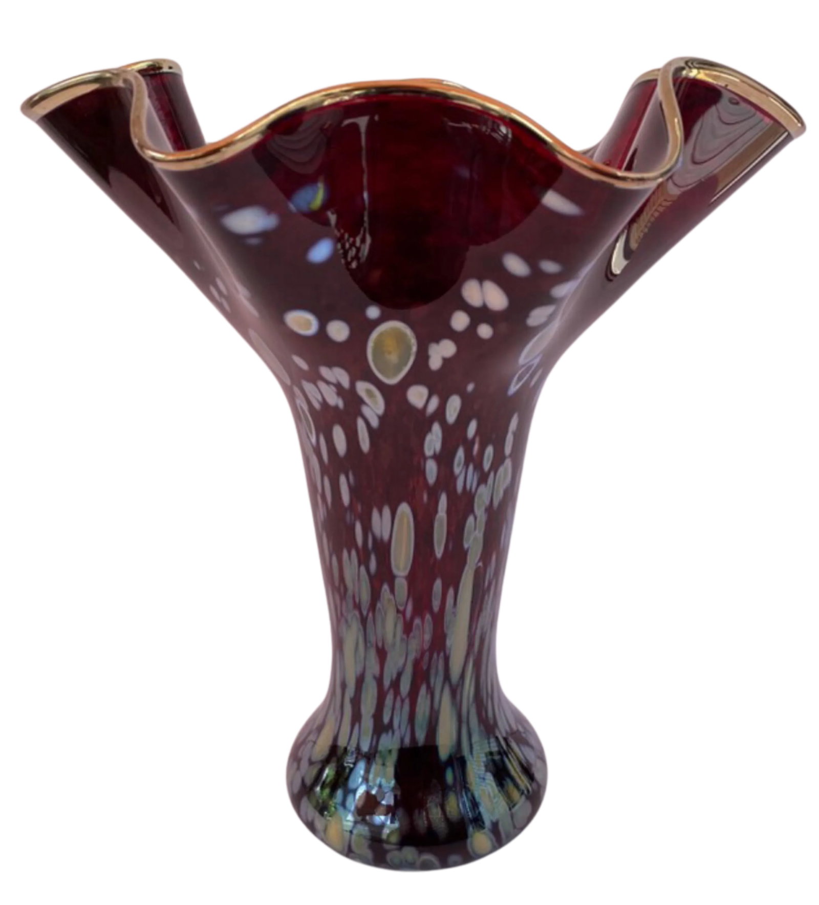 Art Glass Red Trumpet Vase Iridescent Oil Drop Pattern - 3