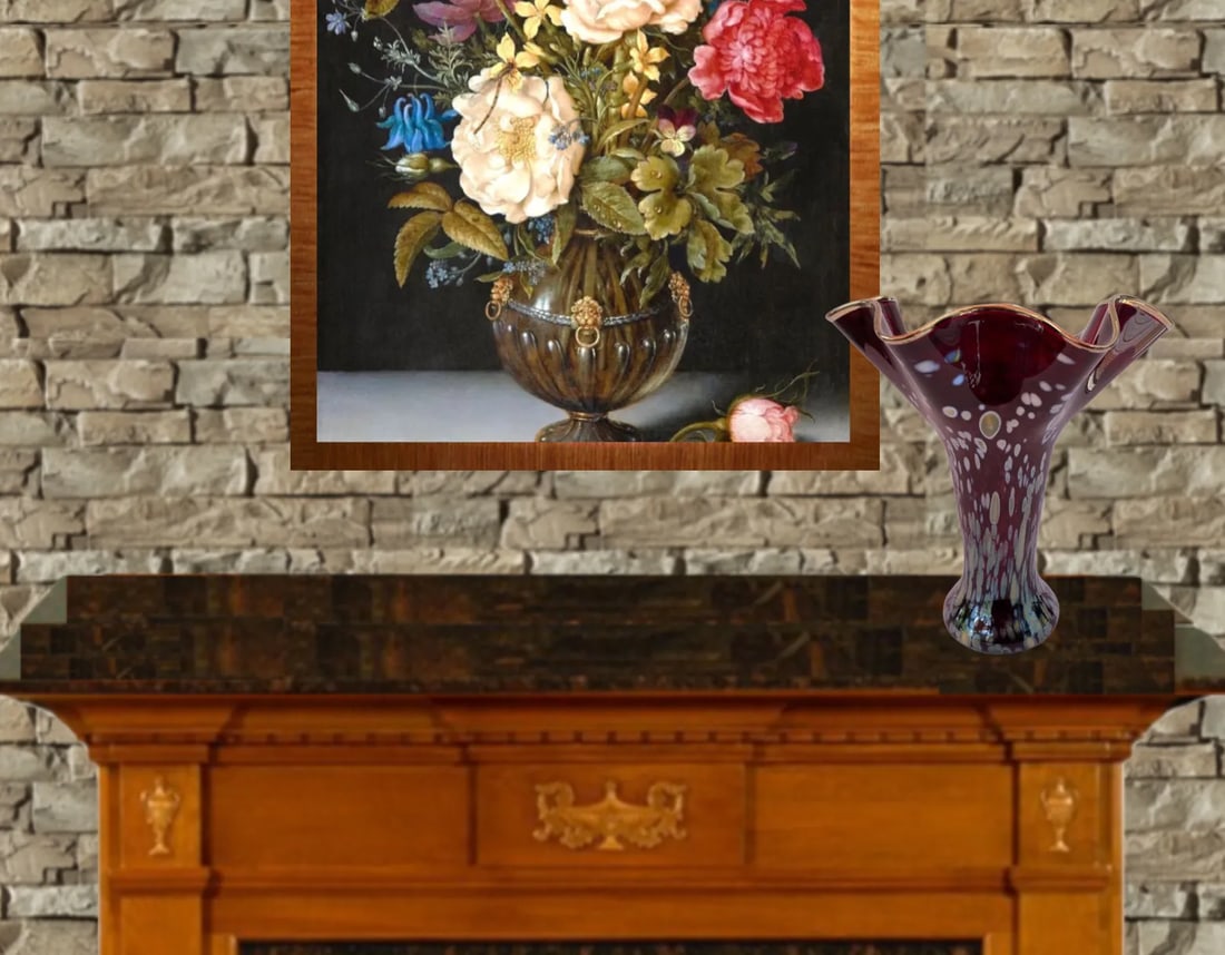 Art Glass Red Trumpet Vase Iridescent Oil Drop Pattern - 4