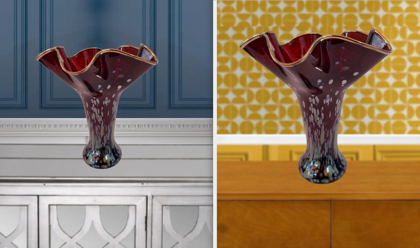 Art Glass Red Trumpet Vase Iridescent Oil Drop Pattern - 6