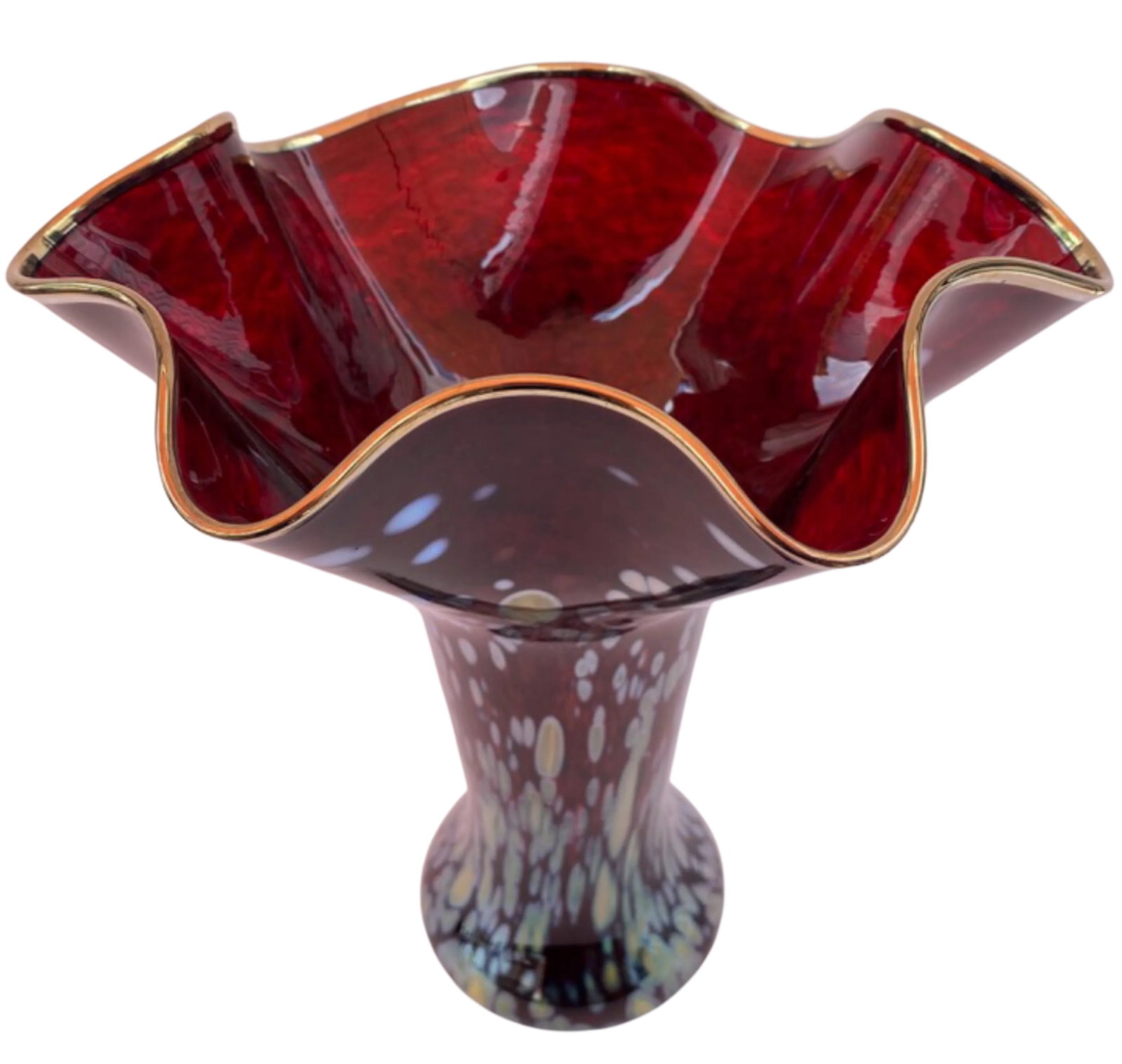 Art Glass Red Trumpet Vase Iridescent Oil Drop Pattern - 9