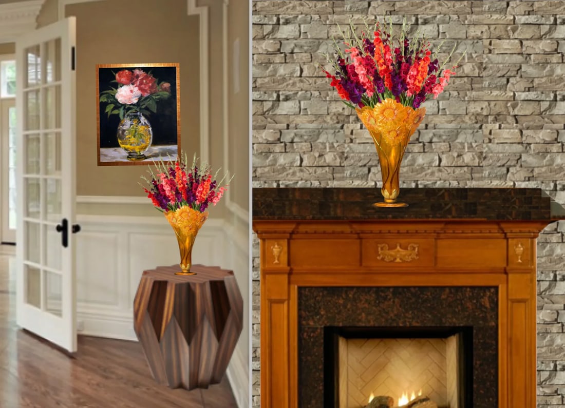 Vintage Acrylic Vase: Orange Yellow Sunflowers in Bas Relief - 10