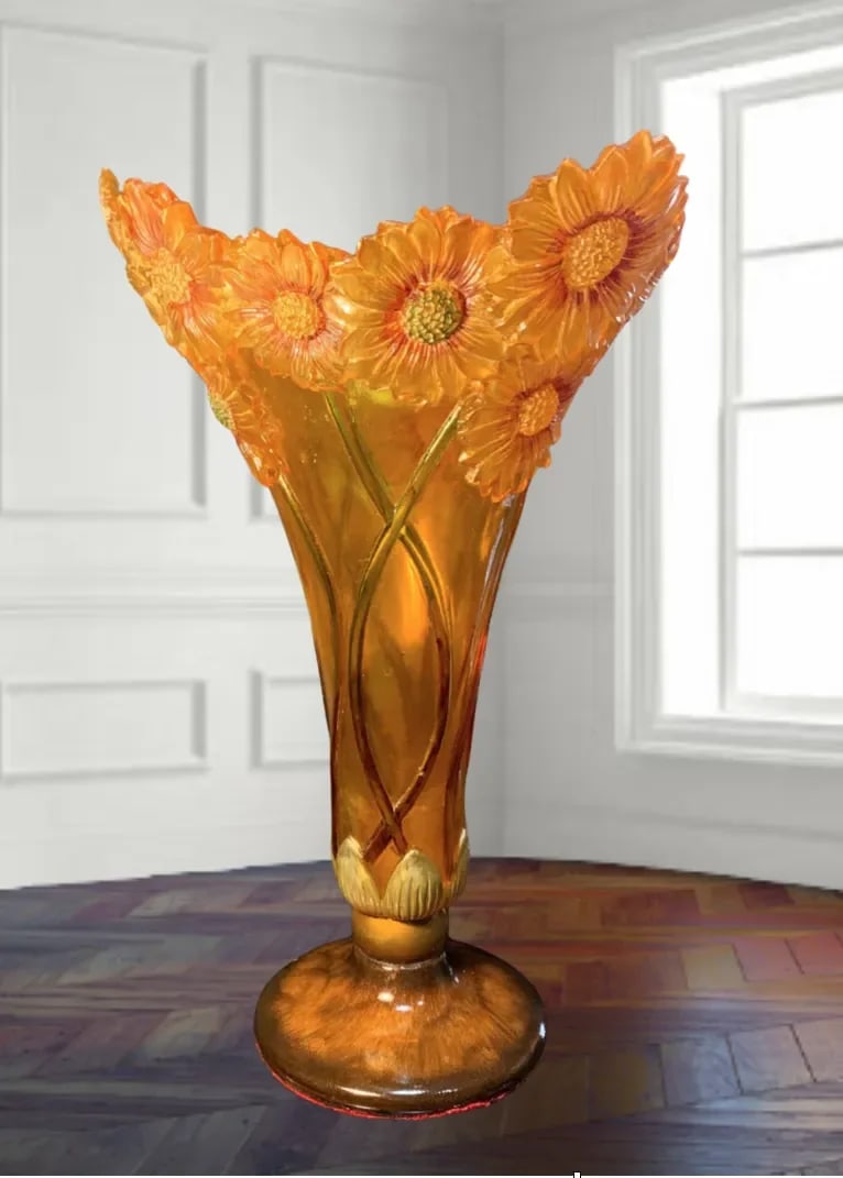 Vintage Acrylic Vase: Orange Yellow Sunflowers in Bas Relief - 11