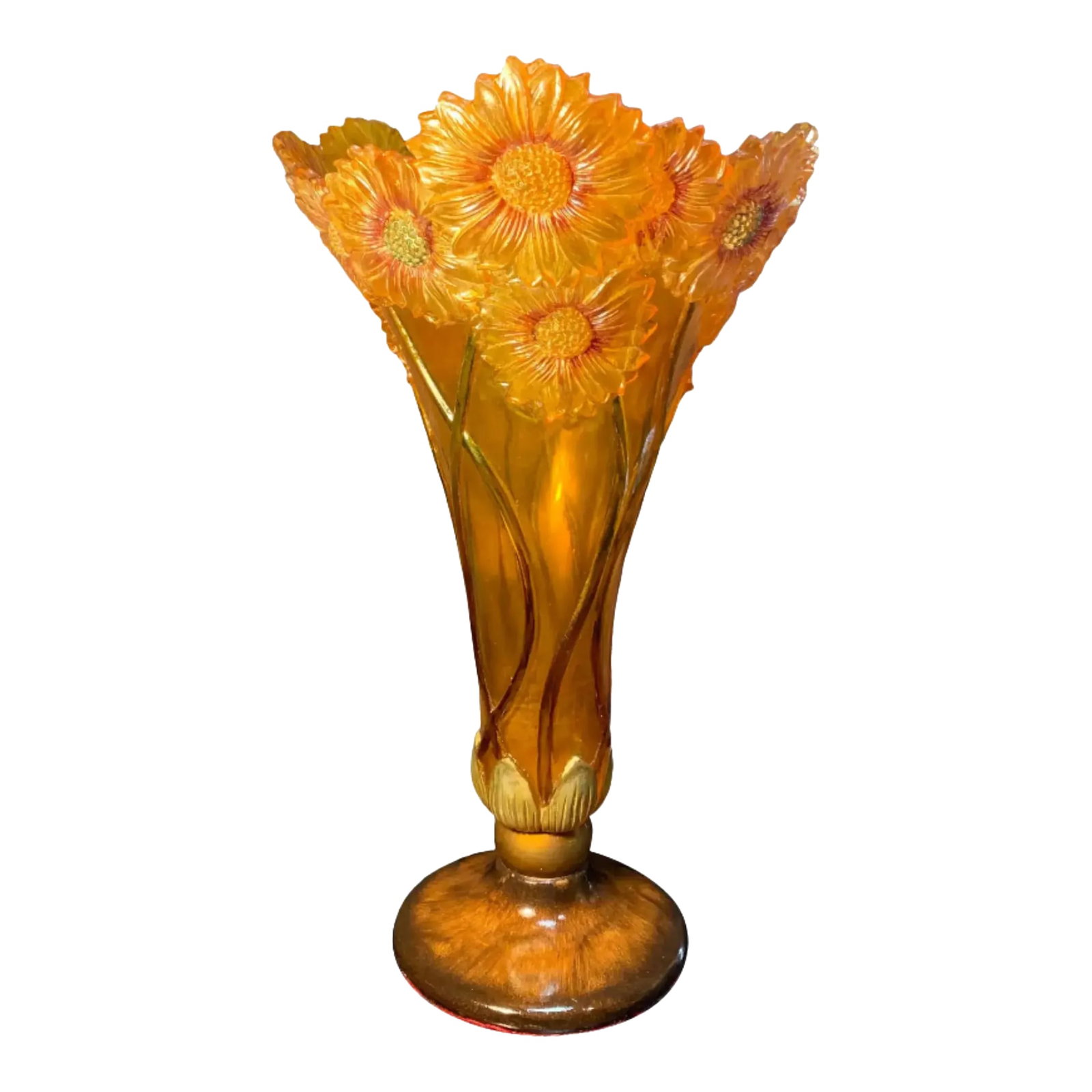 Vintage Acrylic Vase: Orange Yellow Sunflowers in Bas Relief: This stunning acrylic vase stands 17 3/4 inches tall, and has a goblet-shaped silhouette that tapers gracefully from its top to a rounded, bulbous stem, which rests firmly on a circular base. The