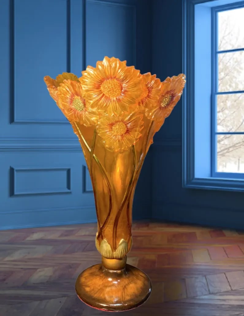 Vintage Acrylic Vase: Orange Yellow Sunflowers in Bas Relief - 2