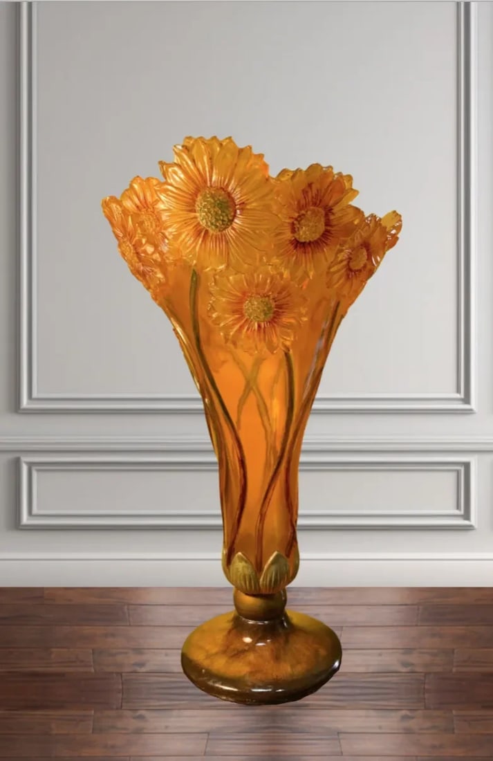 Vintage Acrylic Vase: Orange Yellow Sunflowers in Bas Relief - 7