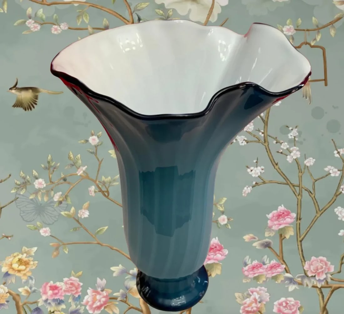 Art Glass Bluish Teal Handkerchief Vase - 10