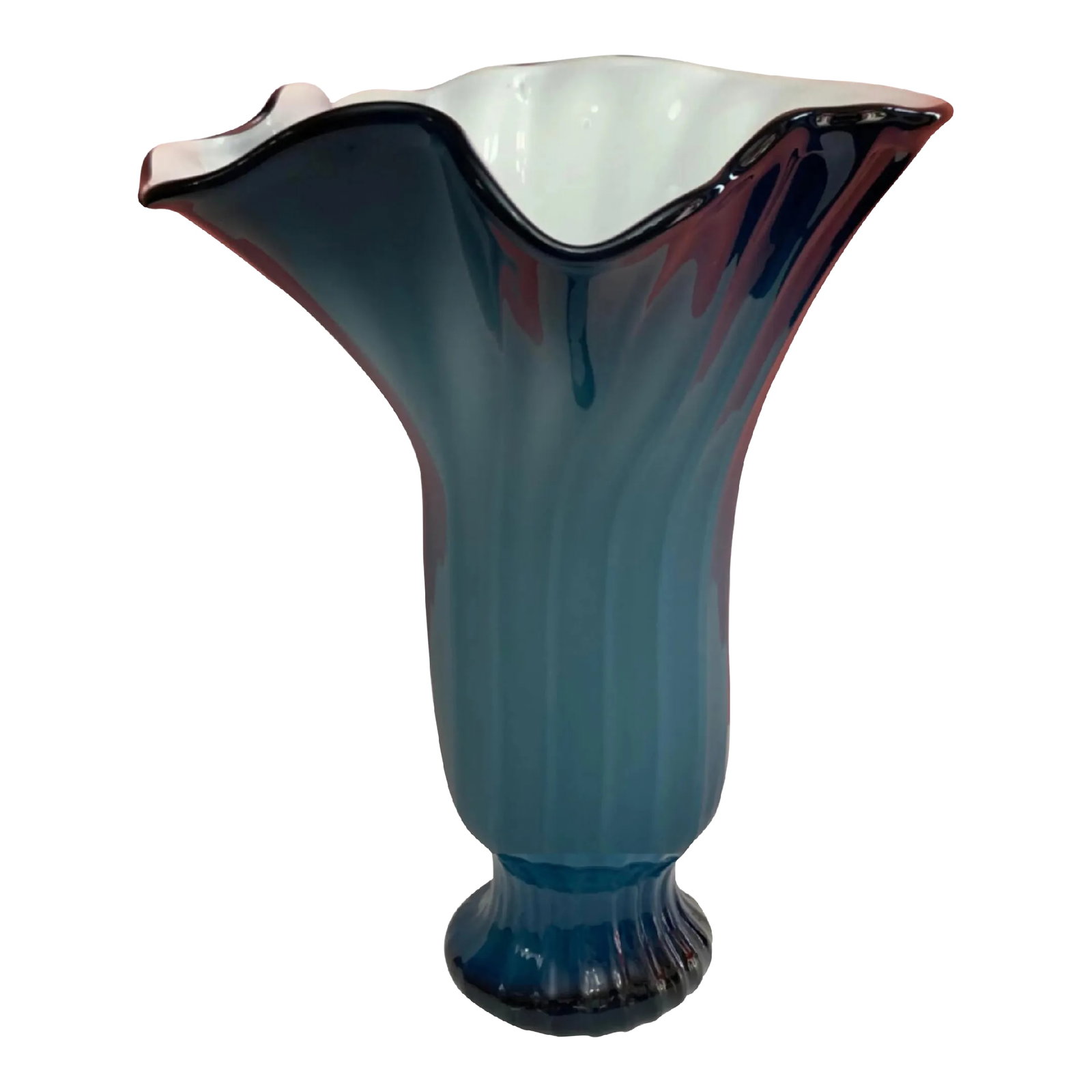 Art Glass Bluish Teal Handkerchief Vase: This exquisite 12 1/2-inch tall vase is a stunning example of hand-blown glass artistry, showcasing a masterful blend of form, color, and texture. The vase is crafted using an intricate layering