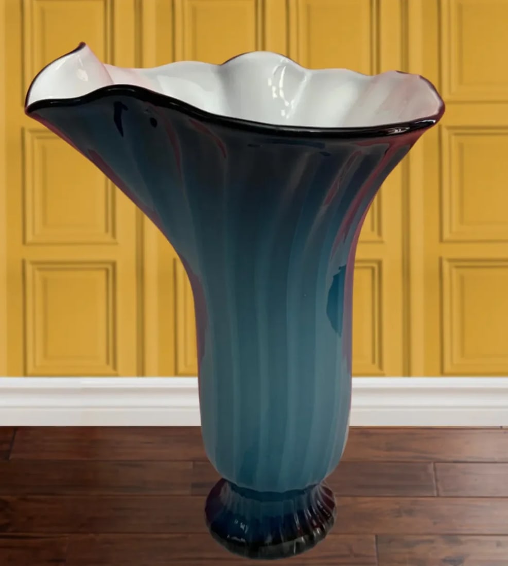 Art Glass Bluish Teal Handkerchief Vase - 7