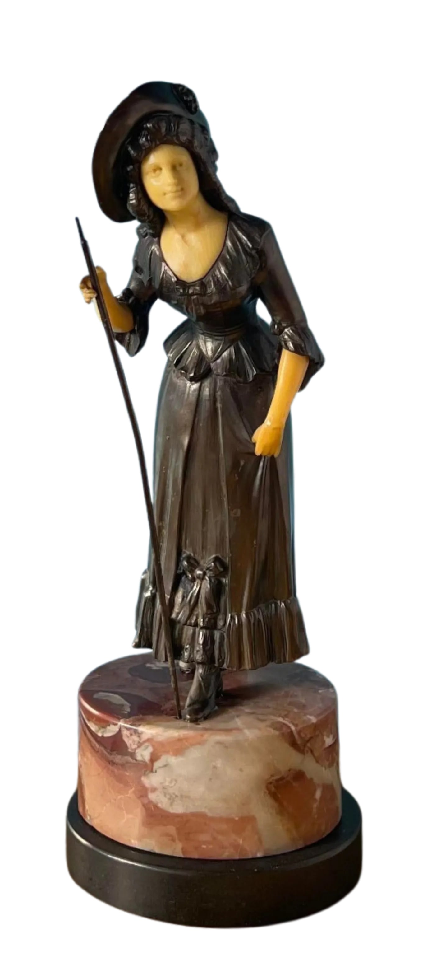 Antique Ivorine Spelter Sculpture: Shepherdess on Marble Plinth - 10