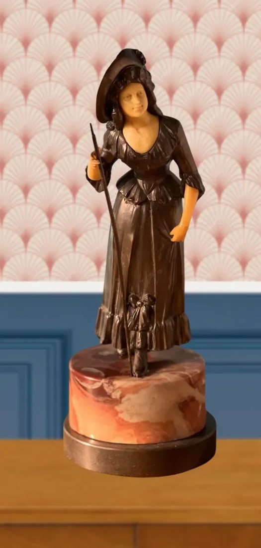 Antique Ivorine Spelter Sculpture: Shepherdess on Marble Plinth - 11
