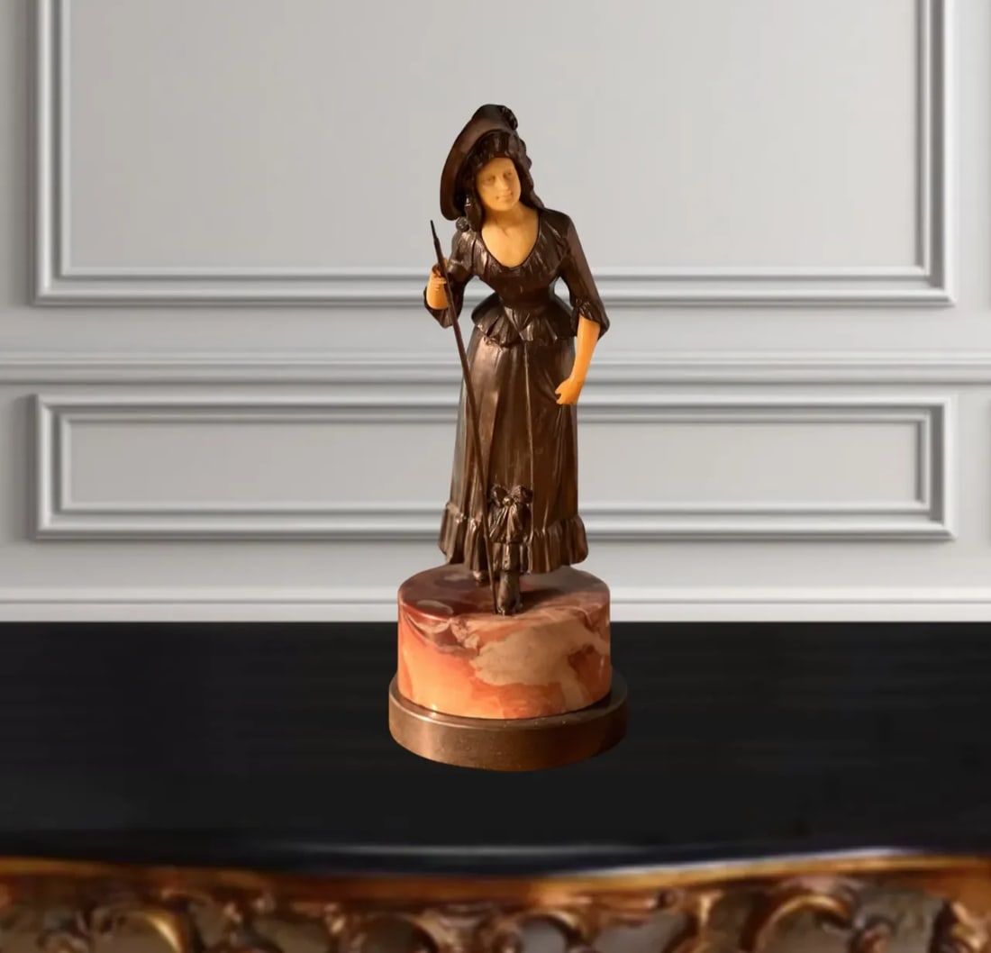 Antique Ivorine Spelter Sculpture: Shepherdess on Marble Plinth - 2