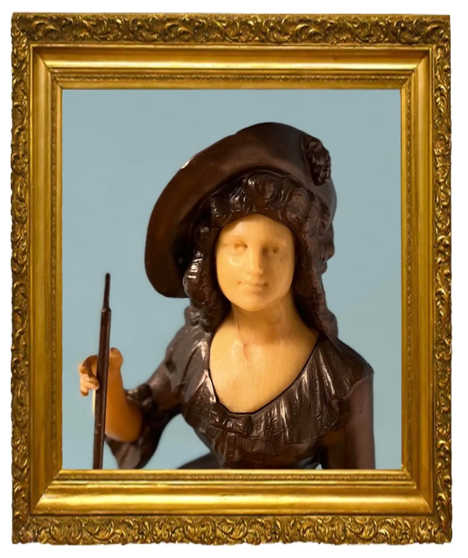 Antique Ivorine Spelter Sculpture: Shepherdess on Marble Plinth - 3
