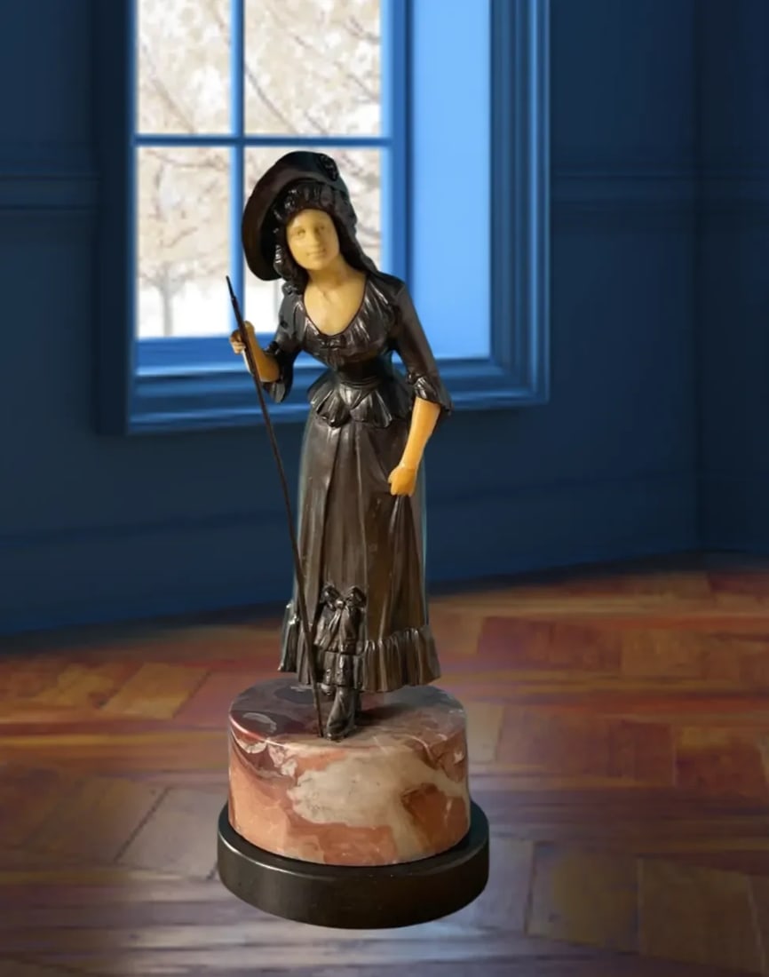 Antique Ivorine Spelter Sculpture: Shepherdess on Marble Plinth - 4