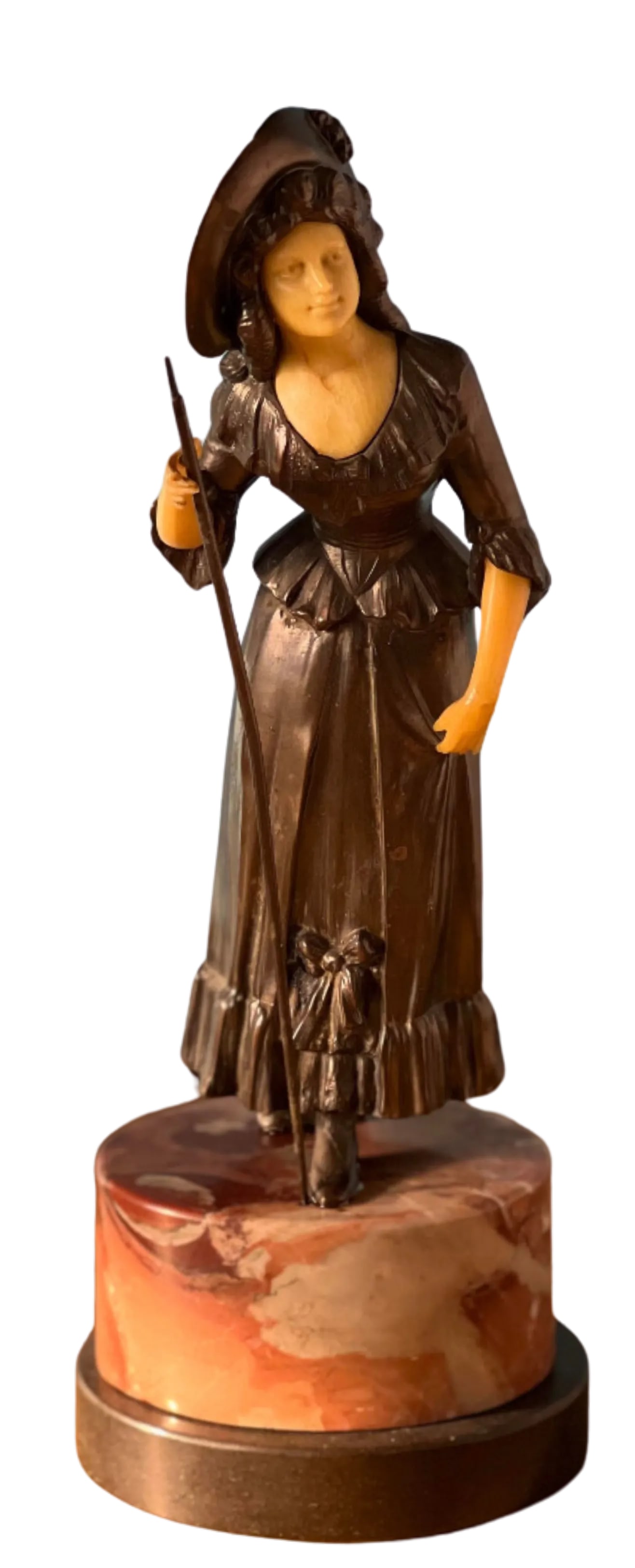 Antique Ivorine Spelter Sculpture: Shepherdess on Marble Plinth - 5