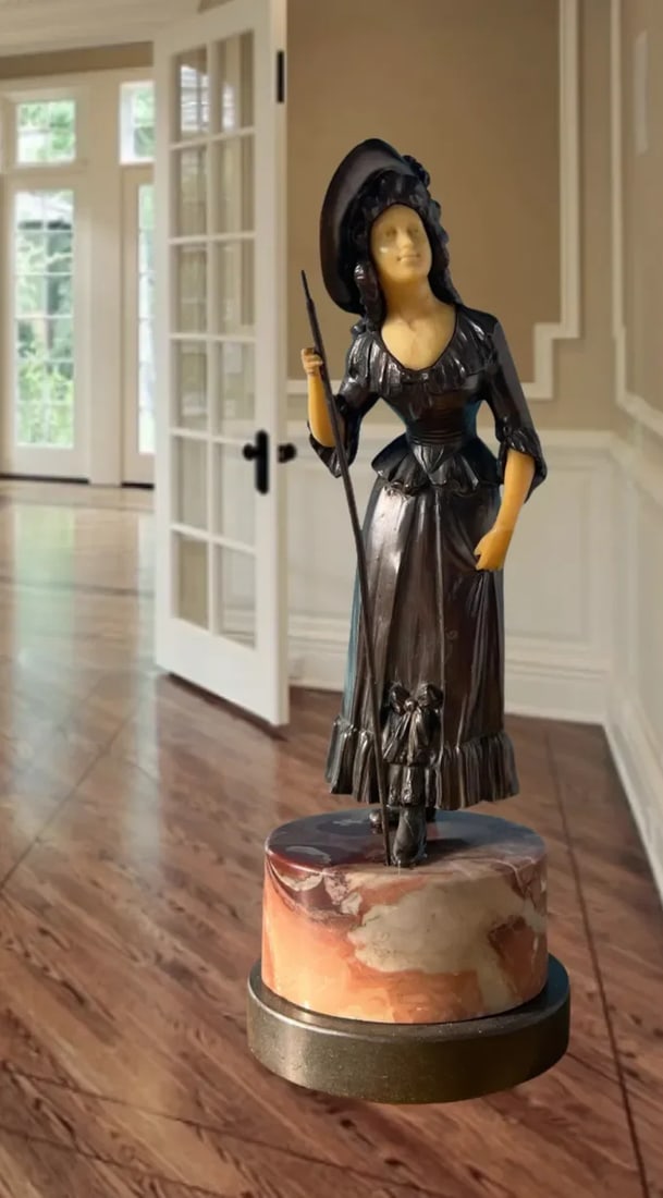 Antique Ivorine Spelter Sculpture: Shepherdess on Marble Plinth - 6