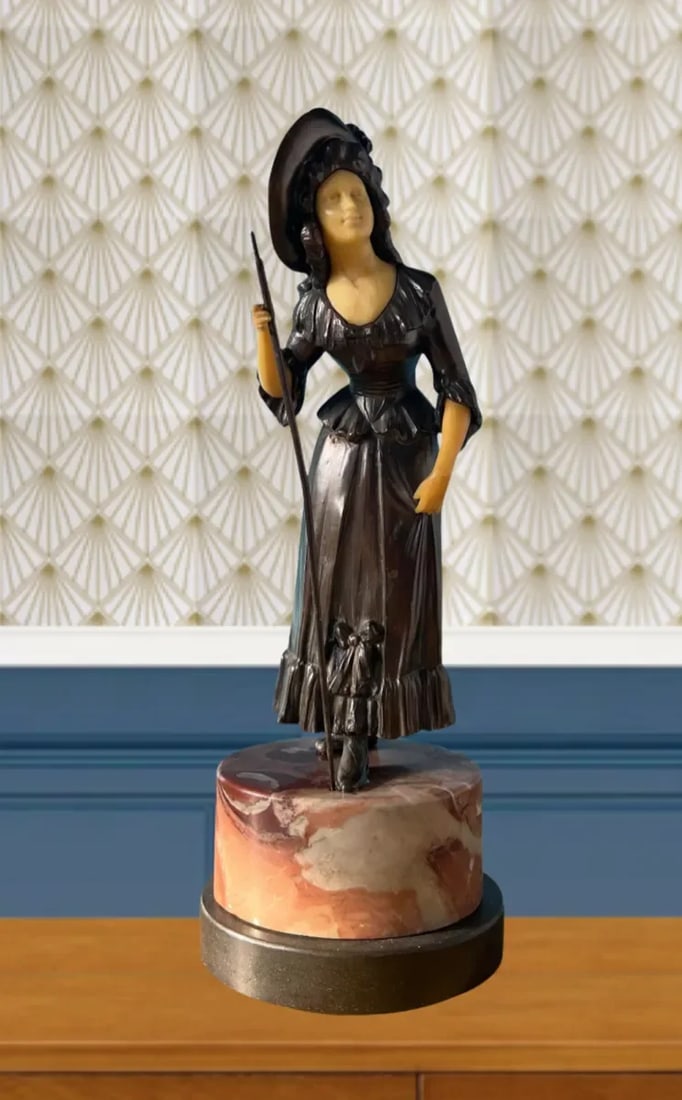 Antique Ivorine Spelter Sculpture: Shepherdess on Marble Plinth - 8