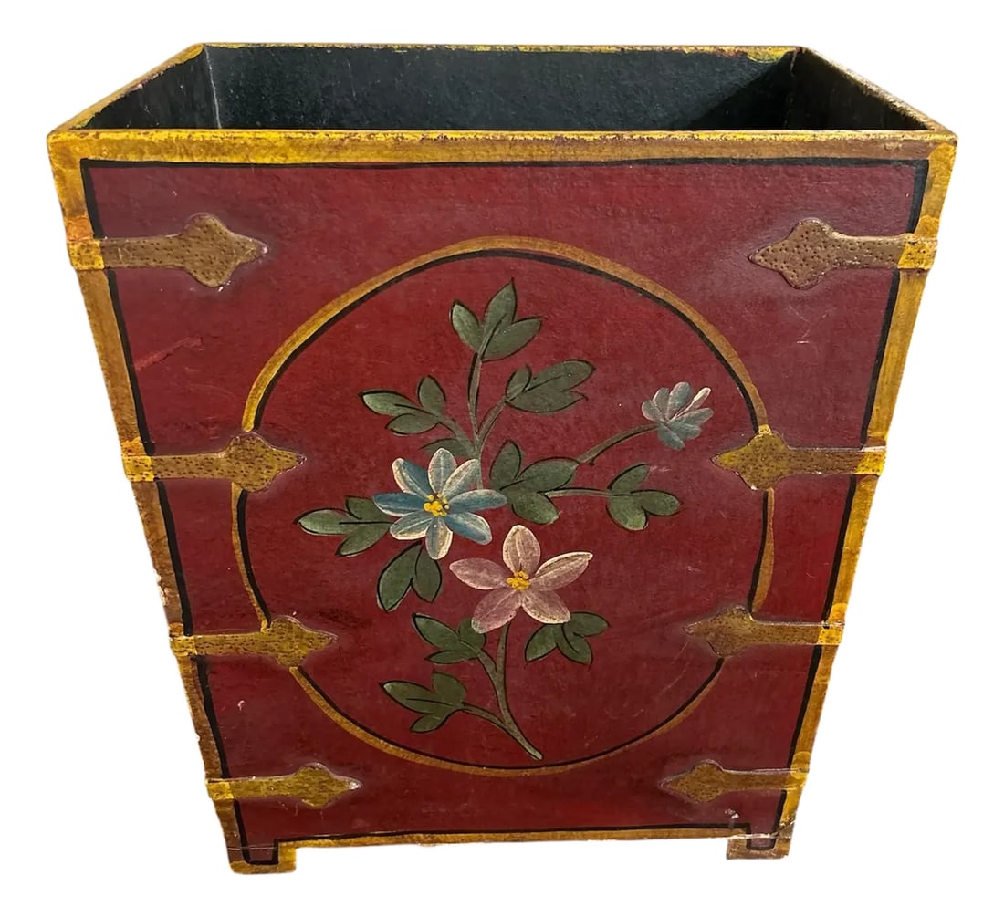 Mid 20th Century Vintage Red Floral Wastebasket: Fabulous large hand painted waste basket. It has feet, metal hinges up the corners and beautiful pink and blue flowers painted on the front and back. Condition: Alterations: Unknown Imperfections: Som