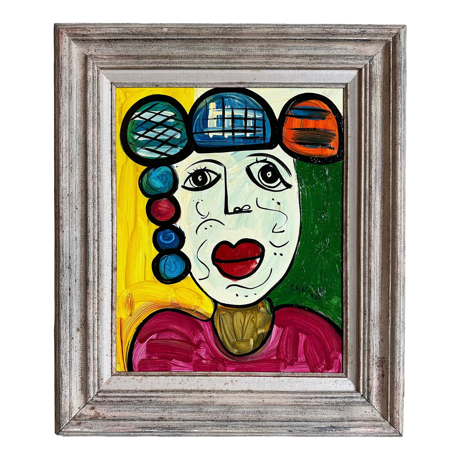 1970 Picasso Style Abstract Portrait Painting by Peter Keil, Framed: Peter Keil is a German artist that focuses primarily on abstract expressionism. Keil painted with some of the greats including Joan Miró, Pablo Picasso and Andy Warhol, to name a few. This is a b