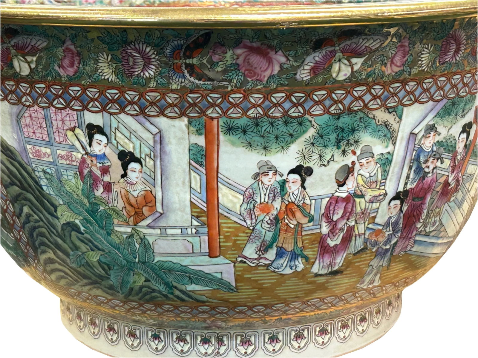 Vintage Chinese Famille Rose People House Graphic Large Porcelain Bowl Pot - 11