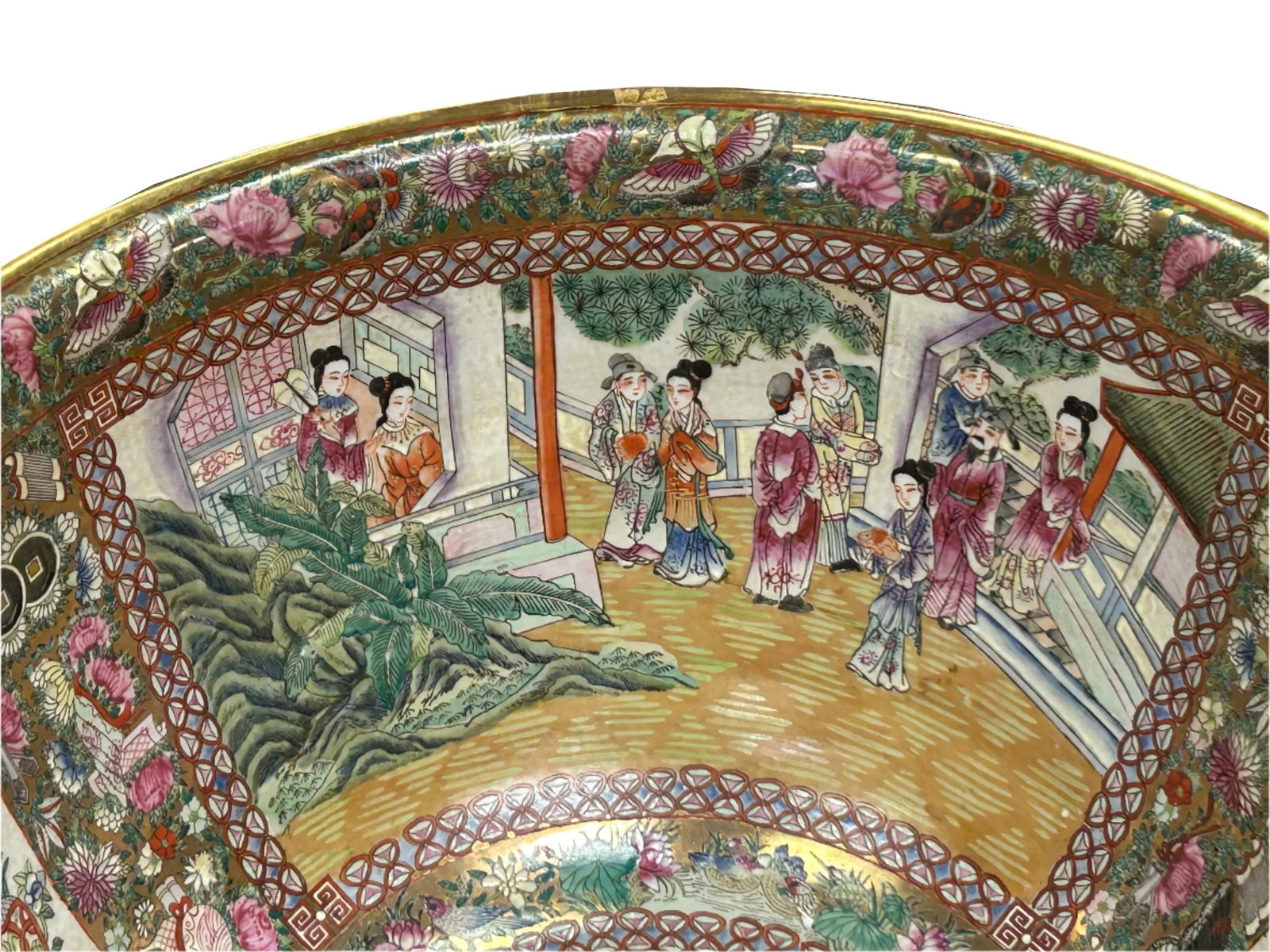 Vintage Chinese Famille Rose People House Graphic Large Porcelain Bowl Pot - 12