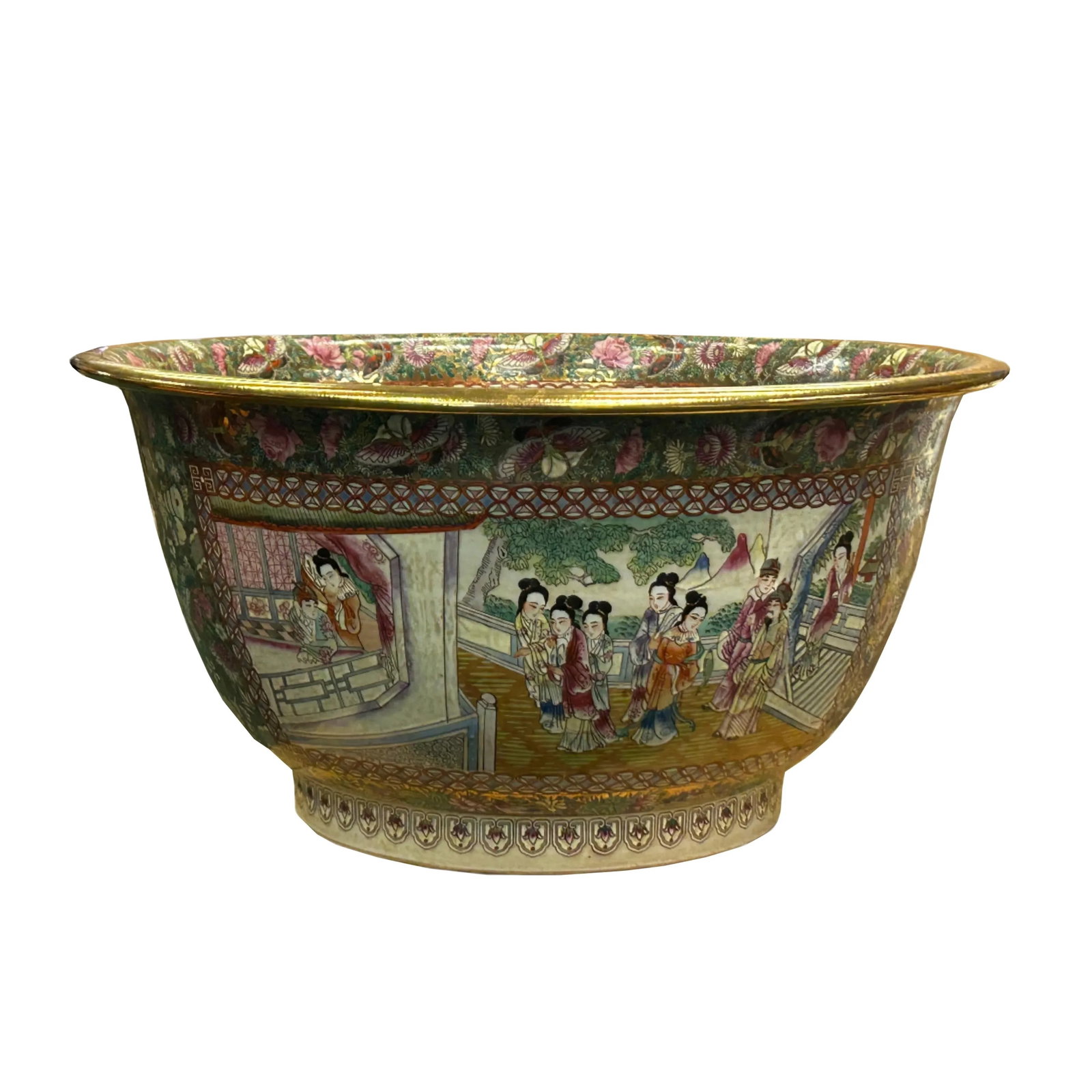 Vintage Chinese Famille Rose People House Graphic Large Porcelain Bowl Pot - 2