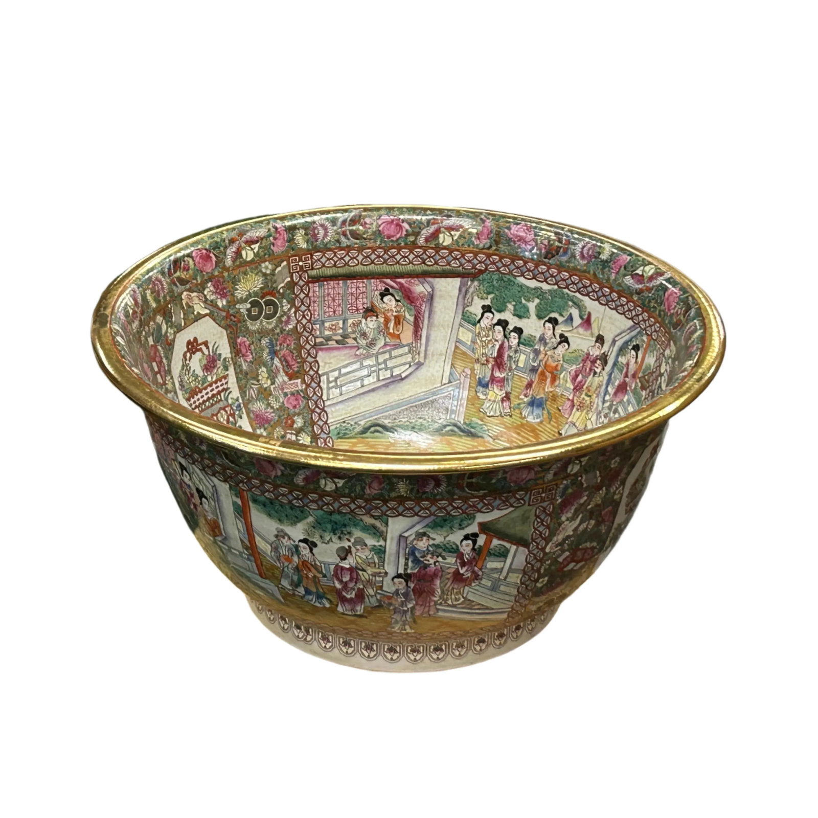 Vintage Chinese Famille Rose People House Graphic Large Porcelain Bowl Pot - 3
