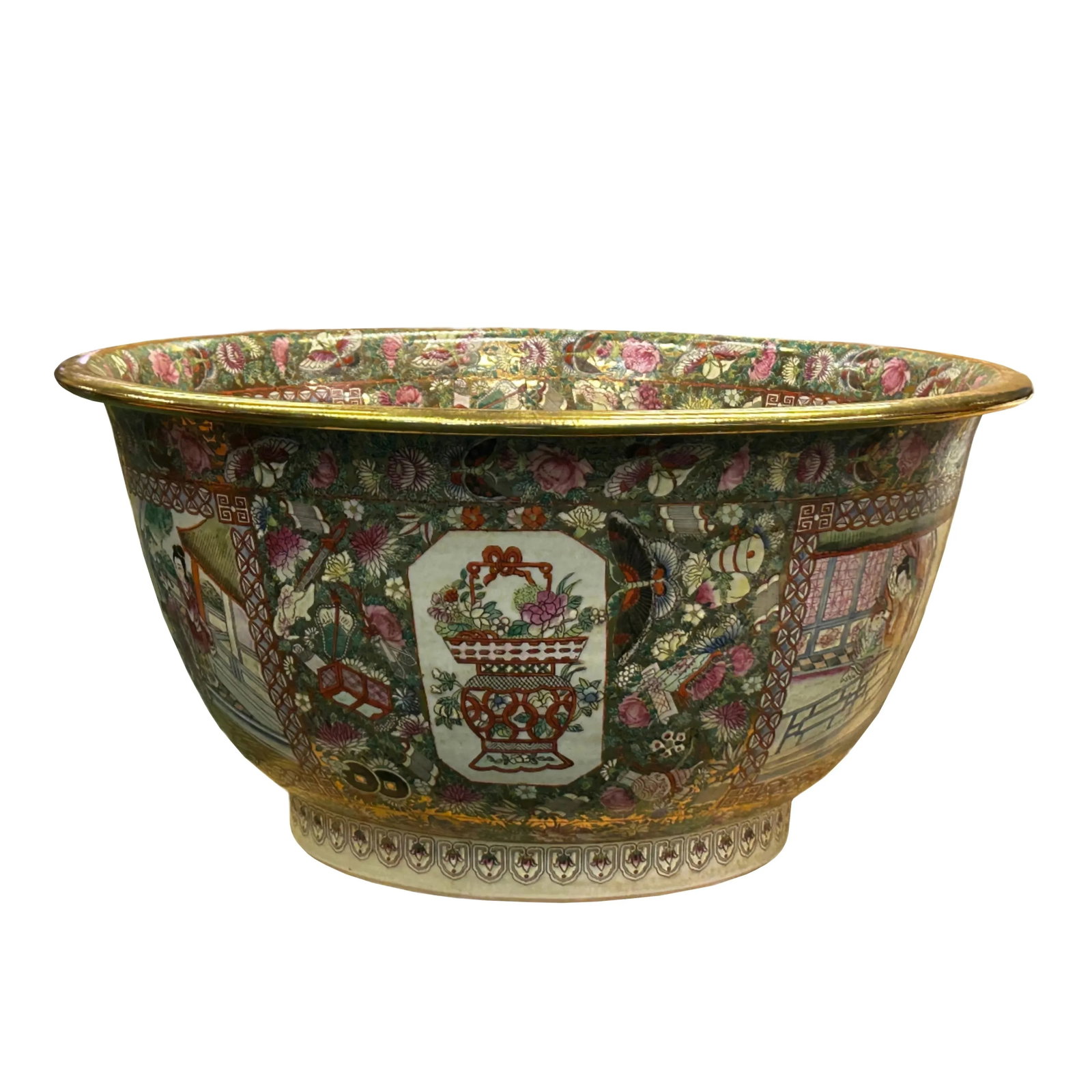 Vintage Chinese Famille Rose People House Graphic Large Porcelain Bowl Pot - 4