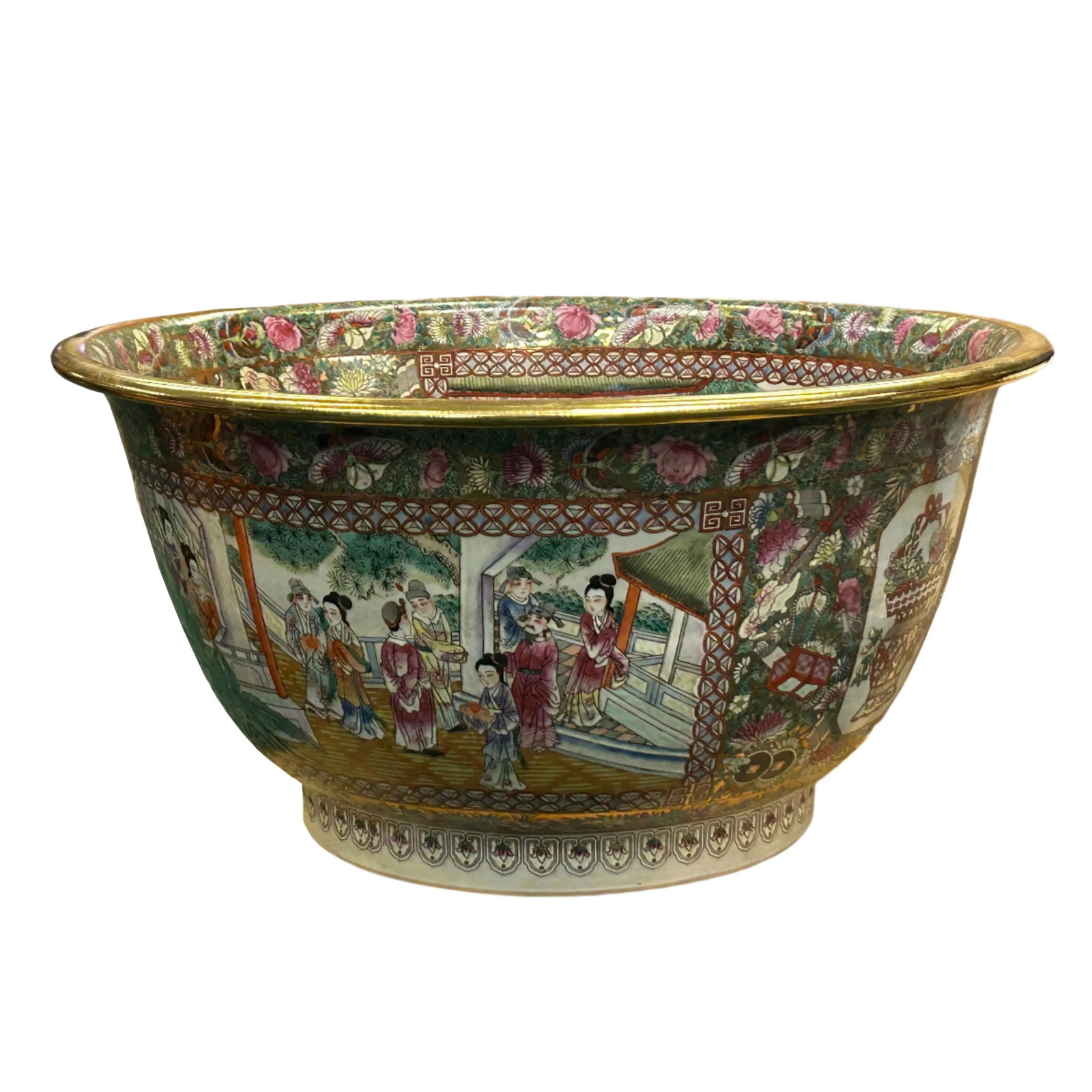 Vintage Chinese Famille Rose People House Graphic Large Porcelain Bowl Pot - 5