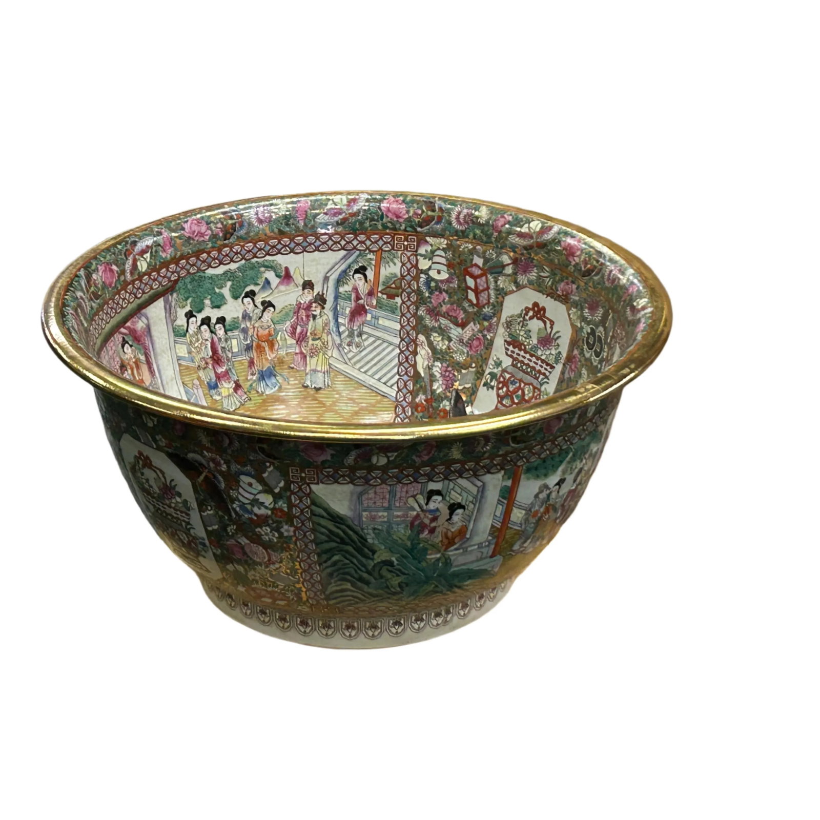 Vintage Chinese Famille Rose People House Graphic Large Porcelain Bowl Pot - 7