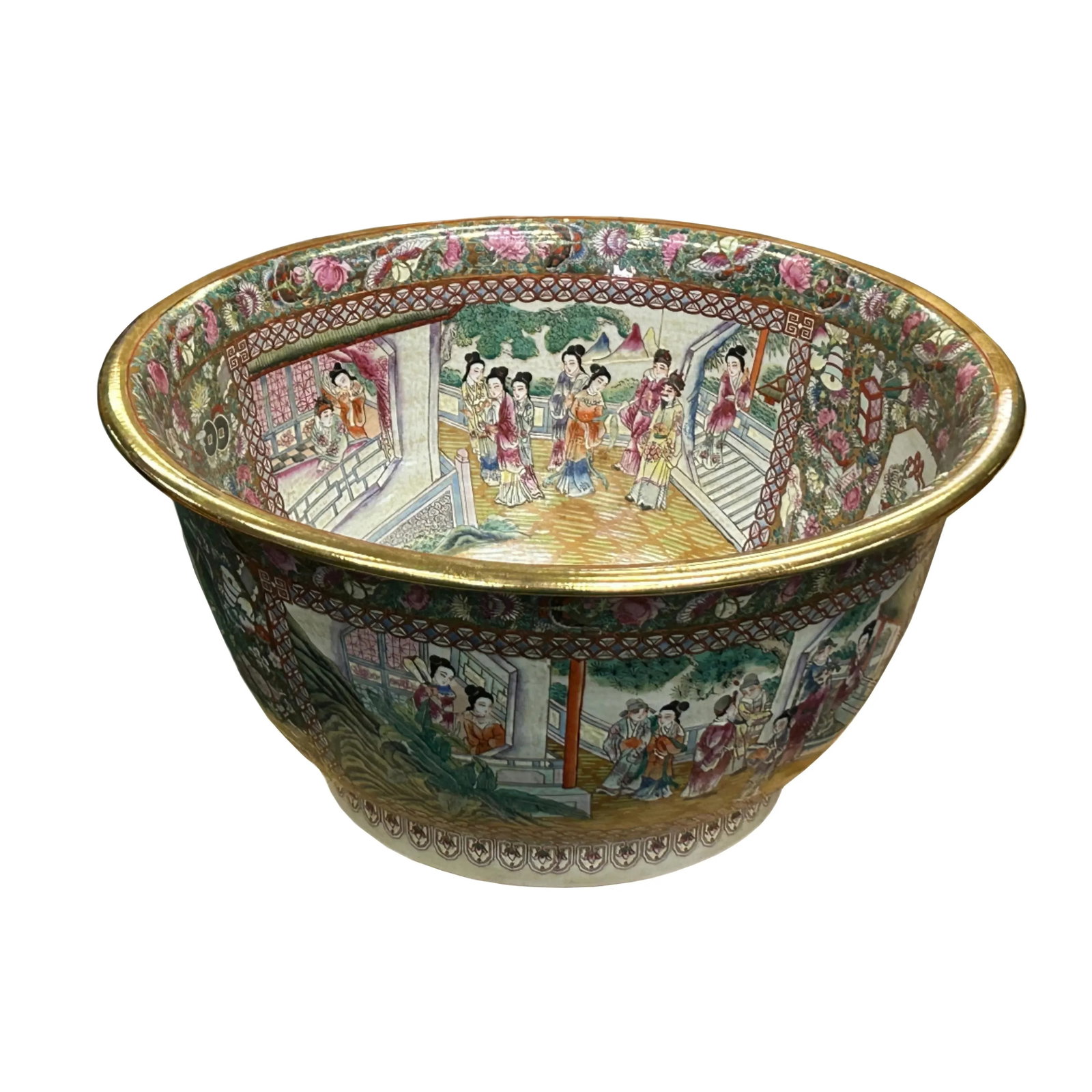 Vintage Chinese Famille Rose People House Graphic Large Porcelain Bowl Pot - 8