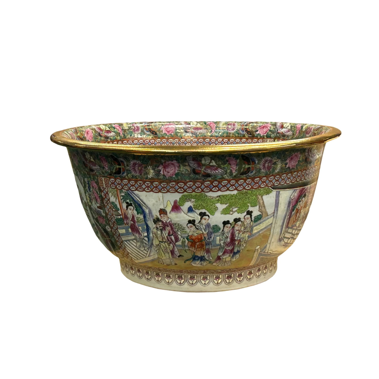 Vintage Chinese Famille Rose People House Graphic Large Porcelain Bowl Pot - 12