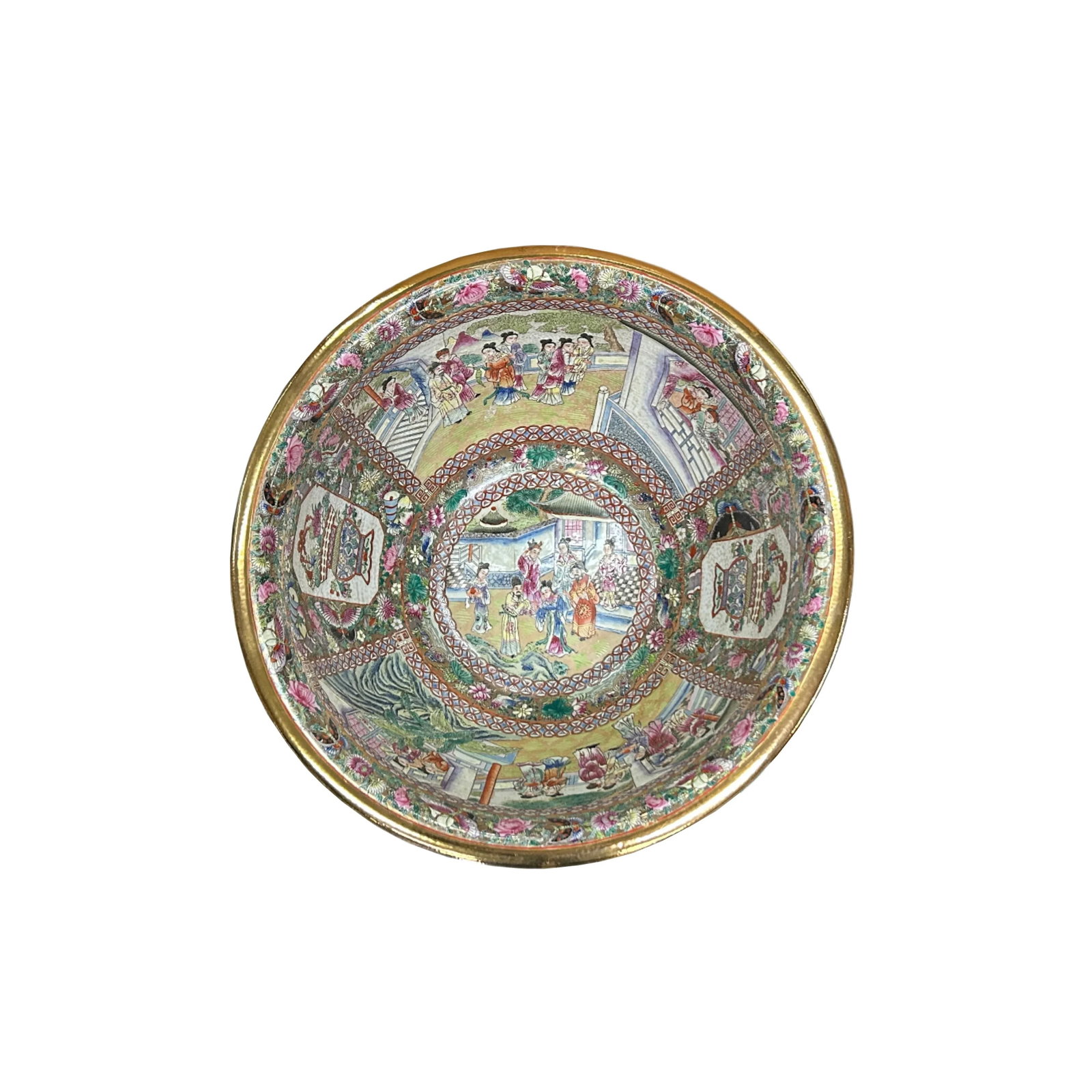 Vintage Chinese Famille Rose People House Graphic Large Porcelain Bowl Pot - 2