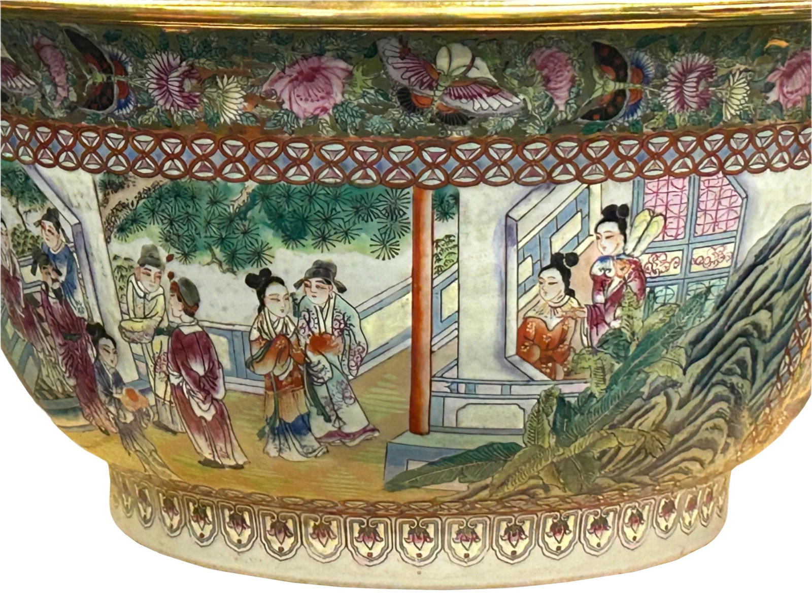 Vintage Chinese Famille Rose People House Graphic Large Porcelain Bowl Pot - 3