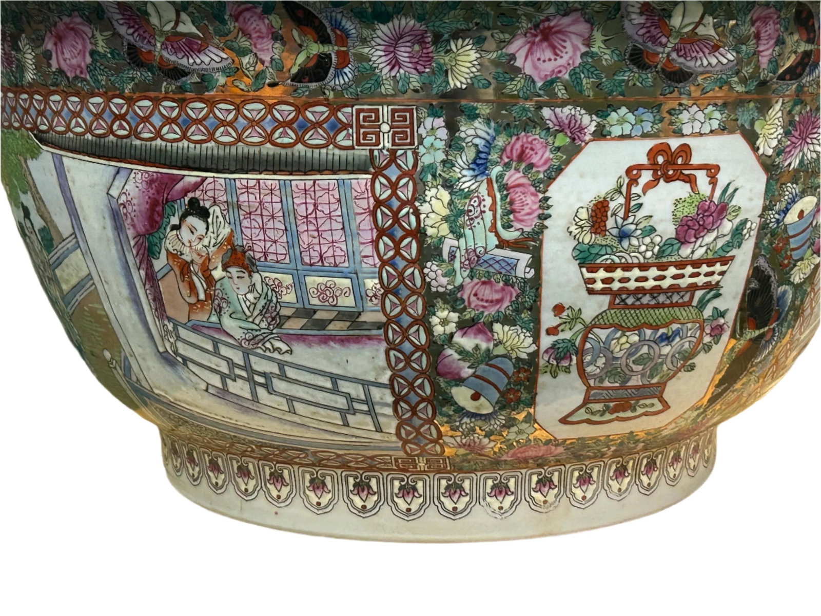 Vintage Chinese Famille Rose People House Graphic Large Porcelain Bowl Pot - 4